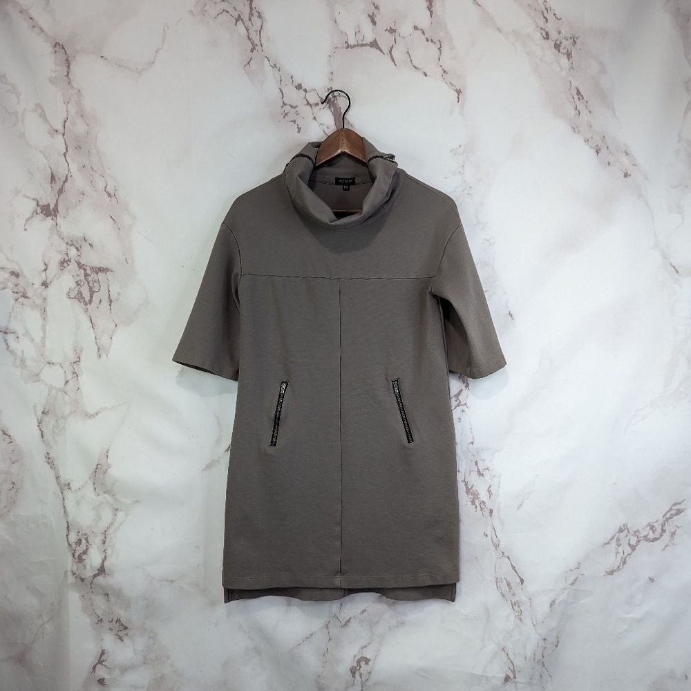 Komorov Dress Womens XS Tunic Brown Half Short Sleeve Mini Mock Zip Neck Pocket